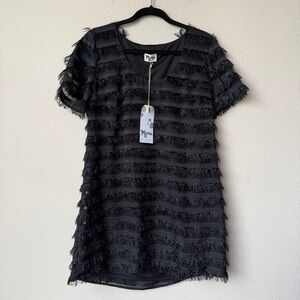 NWT NEW Show Me Your Mumu Black Fringe Mini Shift Dress Size L